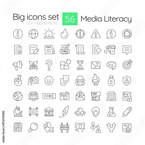 Media literacy line icons set. Digital media, social misinformation. Communication issues. Marketing research. Isolated vector outline illustrations. Thin lineart iconset symbols. Editable stroke