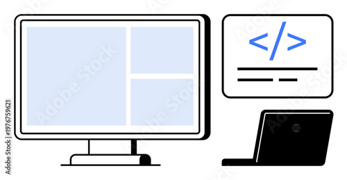 Web development, coding, programming, technology, frontend design, software engineering. Minimal design showing a computer monitor, a laptop and code symbol. Web development and coding concept