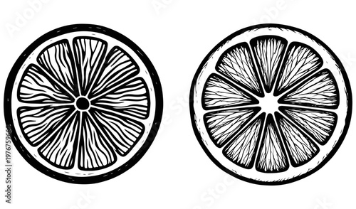 Black silhouette of two orange slices white citrus