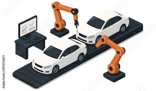 Isometric robotic arms assembling white cars on production line