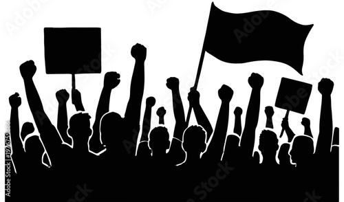 Protest crowd with fists raised and signs demonstration