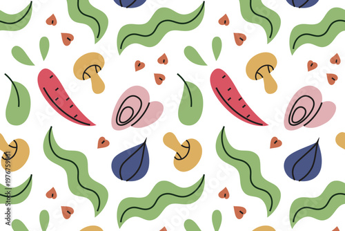 Superfoods seamless pattern with abstract flat cartoon seaweed, figs, buckwheat, mushrooms, carrots, oysters and greens. Healthy organic food vector illustration for eco brand and packaging background