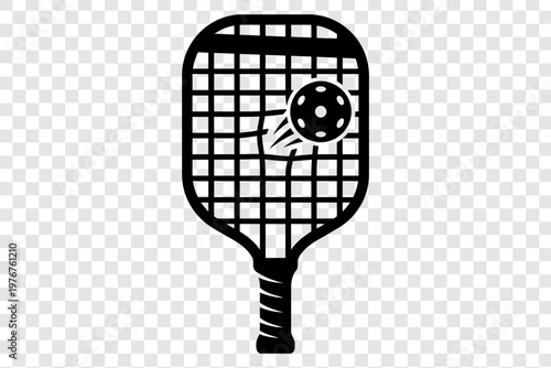 Black silhouette of a pickleball paddle hitting a pickleball isolated on transparent background graphic