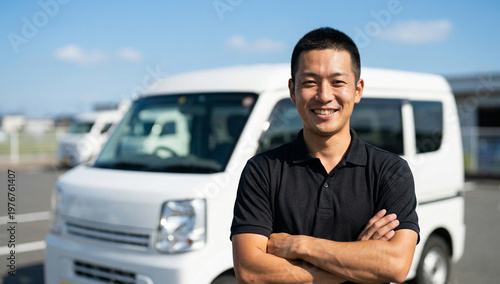 軽バンの前で腕組みをして微笑む軽貨物配送ドライバーの男性