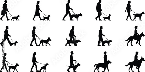 Dog walking people silhouette collection, pet owners walking dogs vector illustration, outdoor animal care activity isolated lifestyle set