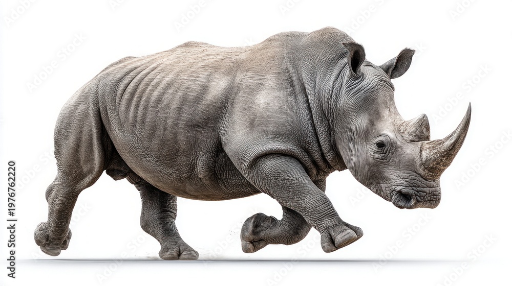 Fototapeta premium A powerful white rhinoceros running on a white background