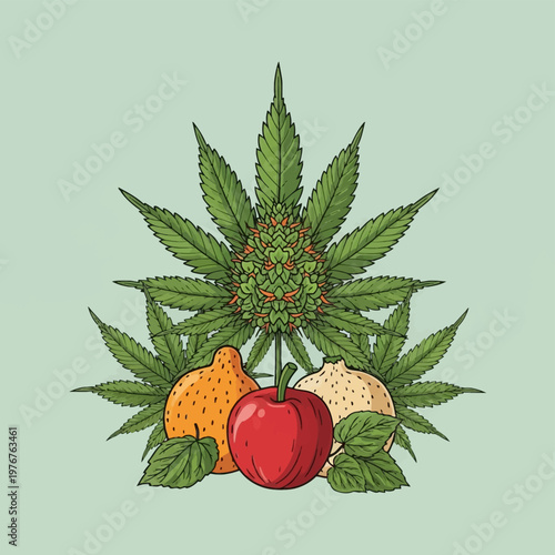 Vector illustration of a green marijuana cannabis leaf and flowering bud positioned behind a red apple, an orange pear, and a light-colored fruit on a mint green background.