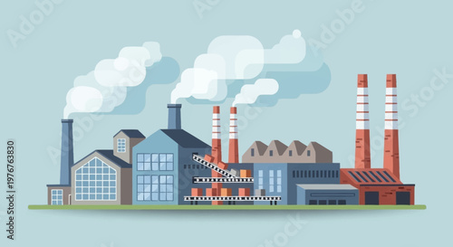 Industrial Factory with Chimneys and Smoke Emission Illustration.