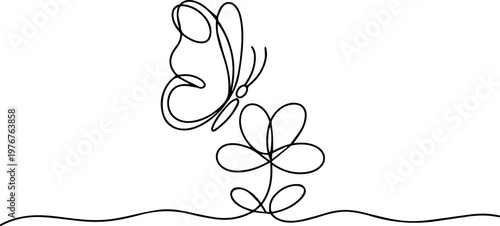 Flower with flying butterfly continuous one line drawing, Hand drawn peony flower butterfly vector. One line continuous floral drawing. Cartoon botanical illustration, abstract print, banner, card