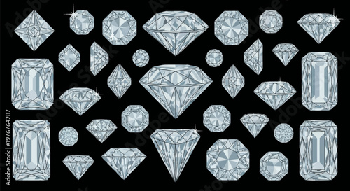 Detailed collection of faceted diamond and gemstone shapes featuring round brilliant, emerald, radiant, pear, and marquise cuts from top and side views isolated on a black background.