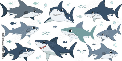 Cartoon Shark Vector Illustration Set with Different Poses and Expressions for Ocean, Marine Life, Underwater Adventure, and Aquatic Animal Design Projects.