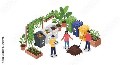 Isometric illustration of three people composting and recycling with colorful bins and lush plants around them
