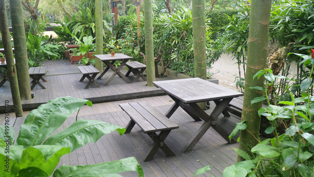 Obraz premium Outdoor tropical garden patio with wooden deck, picnic tables and benches among lush greenery and bamboo like trees, quiet cafe seating area