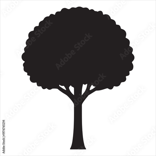 A black silhouette of a tree with a large leafy canopy