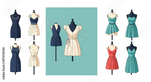 Vector set of dressmaker mannequins displaying various women's dress designs including pleated skirts, v-neck tops, and belted waistlines in navy blue, cream, teal, and coral red.