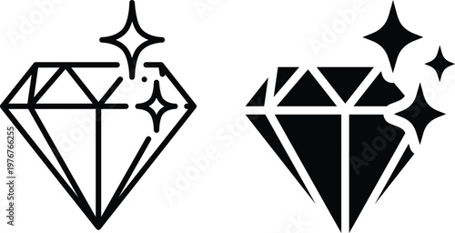 Elegant black gemstone icon collection featuring diverse diamond, octagon, pear, triangle, and emerald-cut shapes with clean geometric facets, perfect for luxury branding and modern vector illus