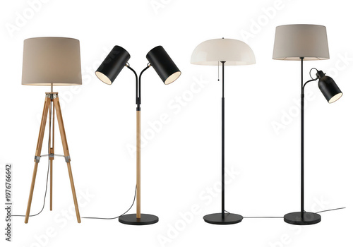 A collection of four diverse modern floor lamps featuring tripod wood and sleek metal designs