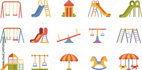 Playground equipment icons illustration with swings, slides, seesaws, climbing structures, playhouses, carousel rides, colorful recreation, children activity, park, schoolyard fun