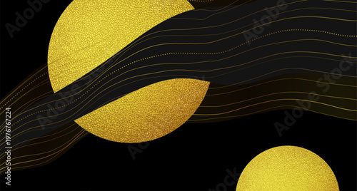 Elegant dark background featuring abstract golden wavy lines and glittering grunge grainy circles, perfect for premium luxury design, banners, or modern wallpapers. Art deco vector design
