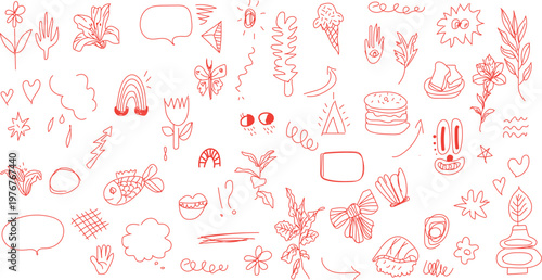 collection of red, fine-line doodles commonly used for design elements, sticker packs, or tattoo inspiration. 