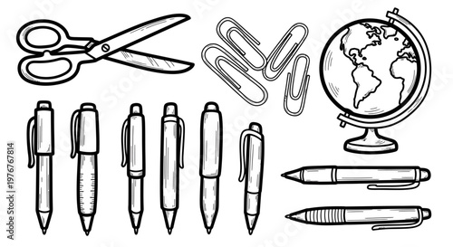 A black and white collection of office supplies including scissors, paper clips, pens, and a globe, representing education and work tools
