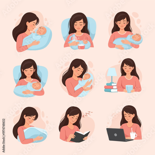 Illustration set of a young mother caring for her newborn baby through various activities including swaddling, feeding, bathing, cuddling, reading a book, and working on a laptop.