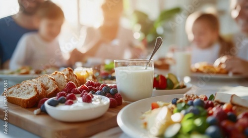  a family kitchen breakfast. Parents and children are sharing a meal featuring organic milk in a clear glass, homemade yogurt with berries, and cheese on whole-grain bread