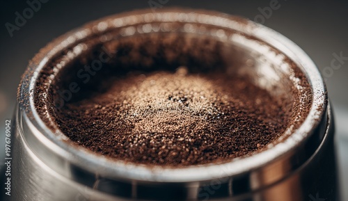 Close-up of Coffee Bloom in a Silver Portafilter Basket.