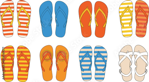 Set of Striped Flip Flops and Sandals with Bright Colors for Summer Beach, Vacation, and Footwear Illustrations Vector