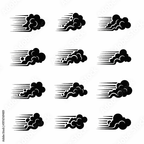 Collection of twelve black vector smoke and speed cloud icons featuring horizontal motion lines, representing fast movement, car exhaust, or steam puff, isolated on white background.