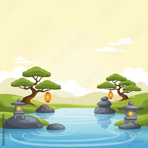 Vector cartoon illustration of a serene Japanese Zen garden featuring a blue pond with water ripples, traditional stone lanterns, pine trees with hanging lanterns, and stacked rocks.
