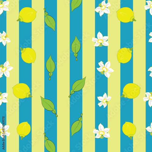 Vector citrus lemon-lime themed turquoise and yellow striped background with flowery fruity seamless repeat, perfect for digital/screen printed fabric (casualwear, beachwear, kidswear, caps, scarves)