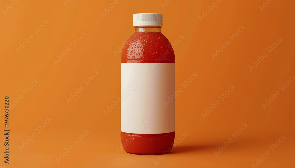 Obraz premium A plastic bottle of red liquid with a white label and cap on an orange background