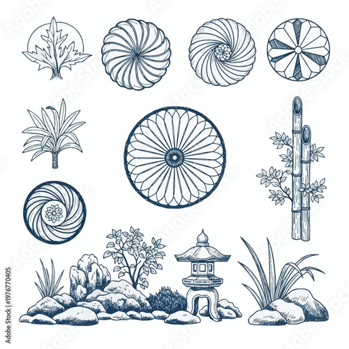 Hand-drawn collection of Japanese cultural symbols including Zen garden elements with a stone lantern, bamboo, rocks, and various circular geometric crests and botanical motifs in blue line art.