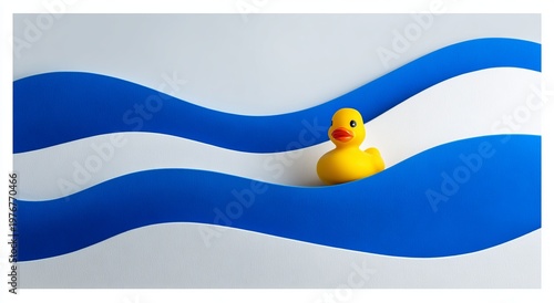 Rubber ducky floating on blue waves against a white background.