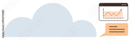 Cloud computing, data analytics, business growth, online communication, digital storage, technology innovation. A cloud, analytics chart and text bubble icons. Cloud computing and data analytics