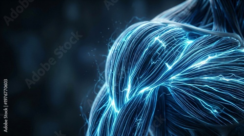 Man muscular system anatomy and fiber texture with glowing energy. Human arm anatomy model rendered in 3D digital art style. Biology science study and strength training fitness concept.