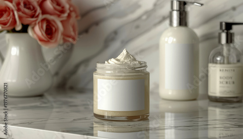 A luxurious bathroom countertop with skincare products and roses in a white vase