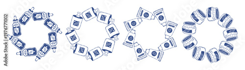 Cosmetic Products Circular Wreaths Set. Blue Line Art Skincare Frames with Dropper Bottles, Jars and Tubes. Isolated Round Beauty Templates. Outline Doodle hand-drawn. Vector Illustration