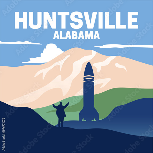 Huntsville Alabama with natural scenery and rocket silhouette