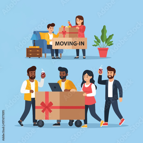 Flat vector illustration set showing diverse roommates and colleagues moving into a new home or office with cardboard boxes, furniture, a hand trolley, and drinks for celebration.