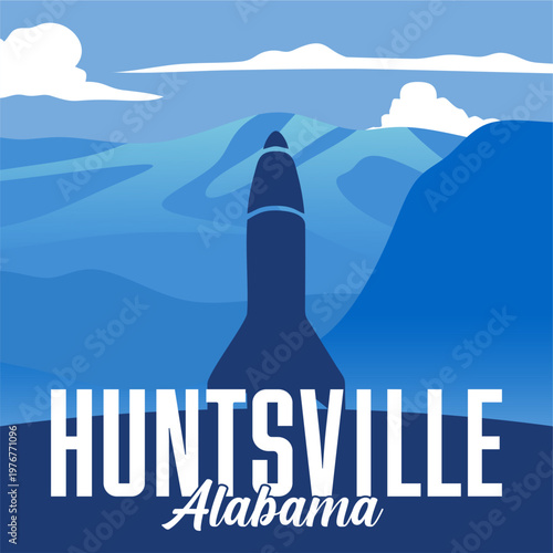 Huntsville Alabama with natural scenery and rocket silhouette