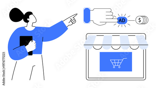 E-commerce, online marketing, pay per click, digital advertising, revenue generation, small business. Person pointing to online storefront icon and ad button. E-commerce and online marketing visual