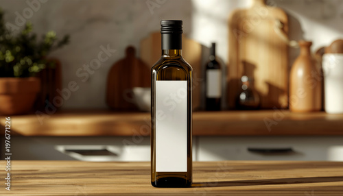 A blank label bottle of oil on a kitchen countertop with a blurred background of kitchen utensils and a potted plant.