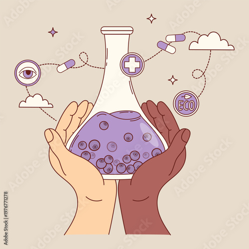 Multicultural Hands Holding Laboratory Flask with Blueberry Extract. Vision Support and Inclusive Natural Medicine Concept Health Support, Pharmacy. Vector Illustration.