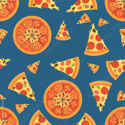 Seamless vector pattern featuring whole pepperoni pizzas and triangular slices with melted cheese, tomato, and mushrooms on a dark blue background for wallpaper and textile design.