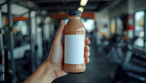 A hand holding a protein shake bottle in a modern gym