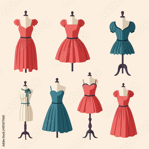 Vector illustration of a collection of tailor mannequins wearing red, coral, and teal dresses with various necklines and pleated skirts, isolated on a light neutral background.
