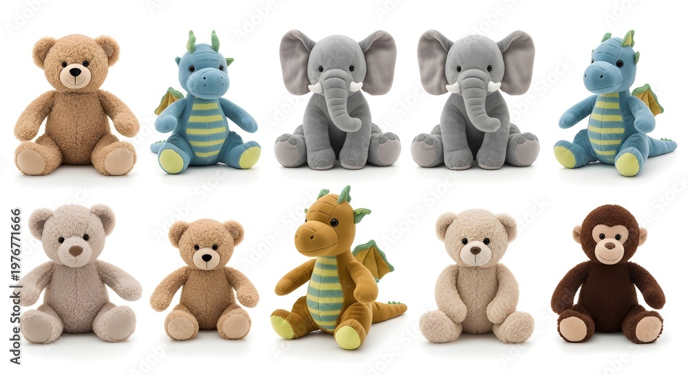 Fototapeta premium Collection of plush soft toys featuring bears elephants and dragons neatly arranged in rows isolated on a white background.