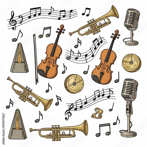 Hand-drawn musical instrument set featuring violins, trumpets, vintage microphones, metronomes, and cymbals, along with musical notes and staffs isolated on a white background.